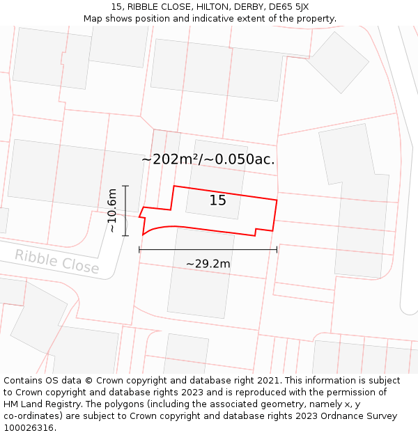 15, RIBBLE CLOSE, HILTON, DERBY, DE65 5JX: Plot and title map