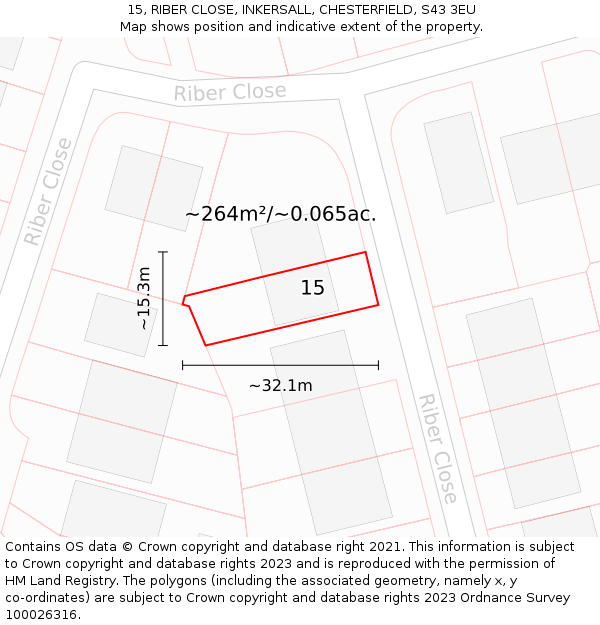 15, RIBER CLOSE, INKERSALL, CHESTERFIELD, S43 3EU: Plot and title map