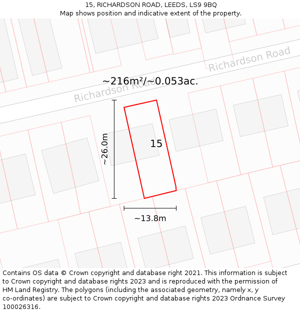 15, RICHARDSON ROAD, LEEDS, LS9 9BQ: Plot and title map
