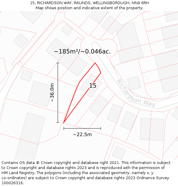 15, RICHARDSON WAY, RAUNDS, WELLINGBOROUGH, NN9 6RH: Plot and title map