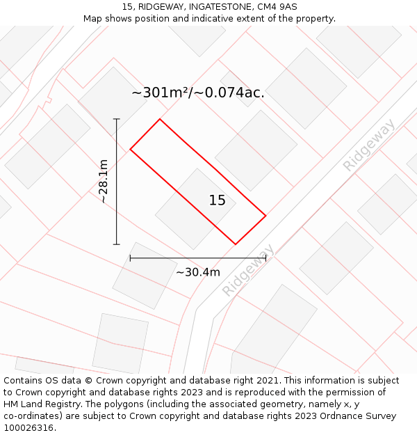 15, RIDGEWAY, INGATESTONE, CM4 9AS: Plot and title map