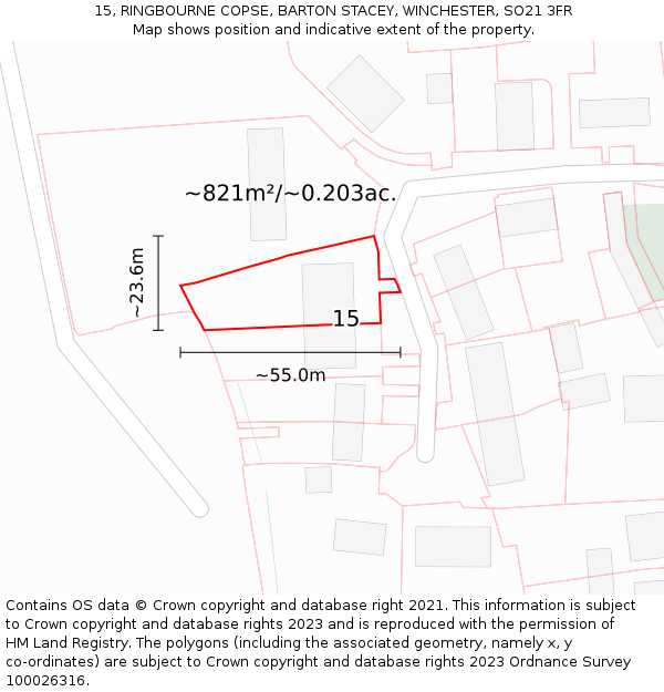 15, RINGBOURNE COPSE, BARTON STACEY, WINCHESTER, SO21 3FR: Plot and title map