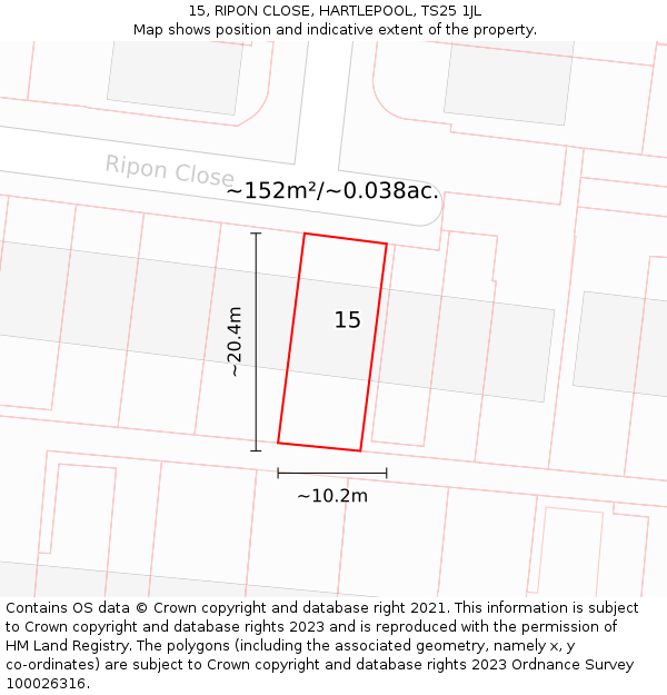 15, RIPON CLOSE, HARTLEPOOL, TS25 1JL: Plot and title map