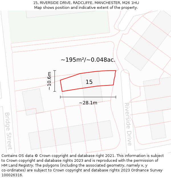 15, RIVERSIDE DRIVE, RADCLIFFE, MANCHESTER, M26 1HU: Plot and title map