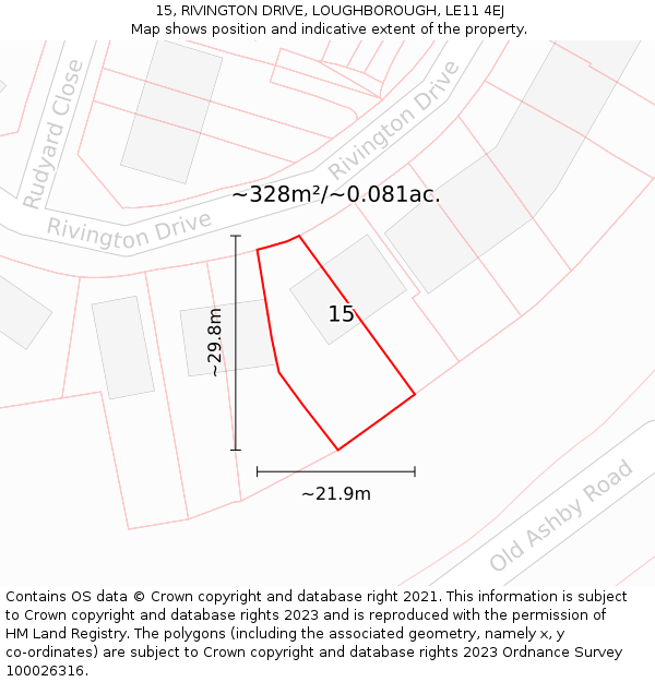 15, RIVINGTON DRIVE, LOUGHBOROUGH, LE11 4EJ: Plot and title map