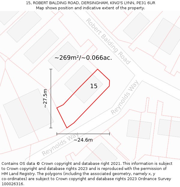 15, ROBERT BALDING ROAD, DERSINGHAM, KING'S LYNN, PE31 6UR: Plot and title map