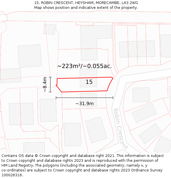 15, ROBIN CRESCENT, HEYSHAM, MORECAMBE, LA3 2WG: Plot and title map
