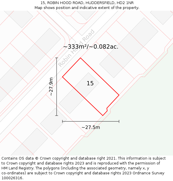 15, ROBIN HOOD ROAD, HUDDERSFIELD, HD2 1NR: Plot and title map