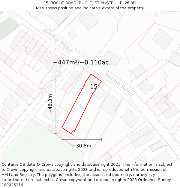 15, ROCHE ROAD, BUGLE, ST AUSTELL, PL26 8PL: Plot and title map