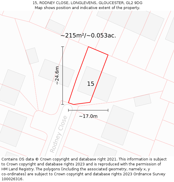 15, RODNEY CLOSE, LONGLEVENS, GLOUCESTER, GL2 9DG: Plot and title map