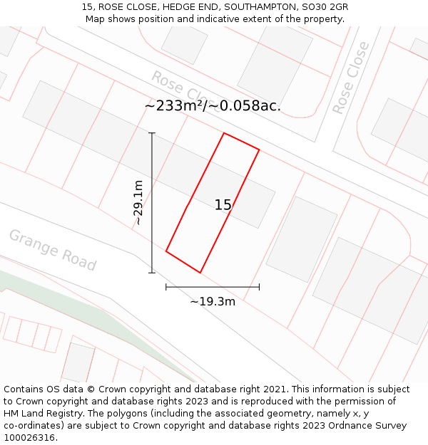 15, ROSE CLOSE, HEDGE END, SOUTHAMPTON, SO30 2GR: Plot and title map
