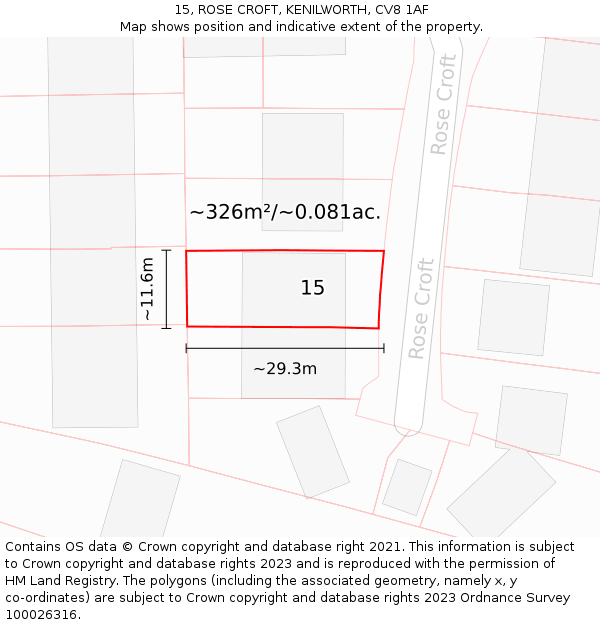 15, ROSE CROFT, KENILWORTH, CV8 1AF: Plot and title map