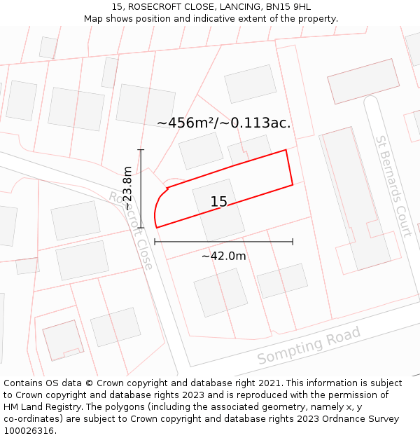 15, ROSECROFT CLOSE, LANCING, BN15 9HL: Plot and title map