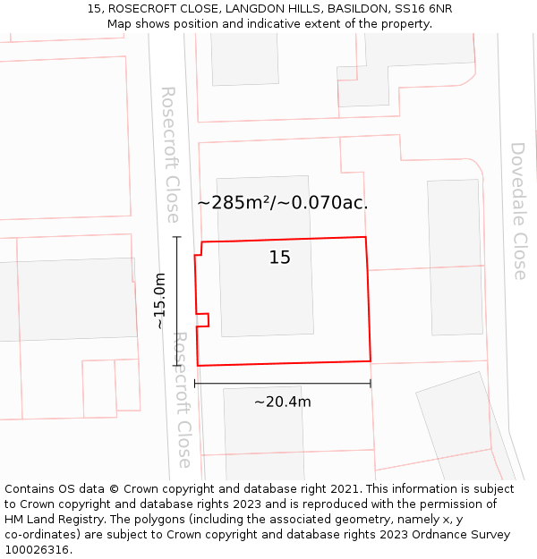 15, ROSECROFT CLOSE, LANGDON HILLS, BASILDON, SS16 6NR: Plot and title map