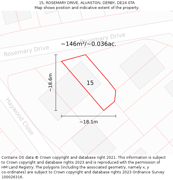 15, ROSEMARY DRIVE, ALVASTON, DERBY, DE24 0TA: Plot and title map