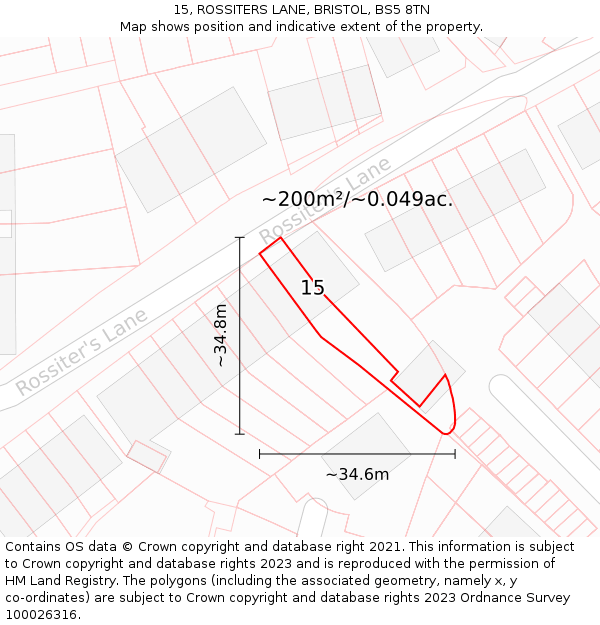 15, ROSSITERS LANE, BRISTOL, BS5 8TN: Plot and title map