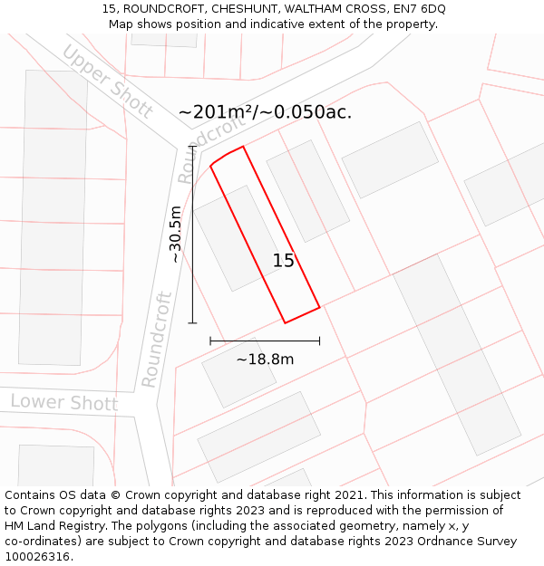 15, ROUNDCROFT, CHESHUNT, WALTHAM CROSS, EN7 6DQ: Plot and title map