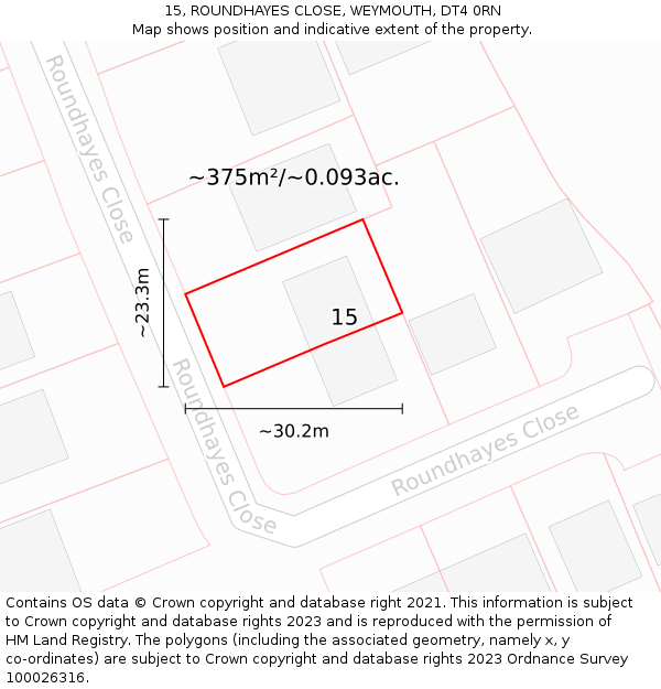 15, ROUNDHAYES CLOSE, WEYMOUTH, DT4 0RN: Plot and title map