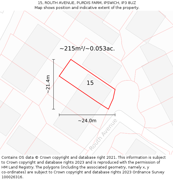 15, ROUTH AVENUE, PURDIS FARM, IPSWICH, IP3 8UZ: Plot and title map