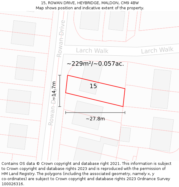 15, ROWAN DRIVE, HEYBRIDGE, MALDON, CM9 4BW: Plot and title map