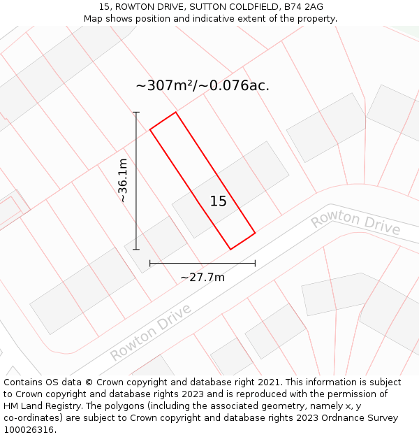 15, ROWTON DRIVE, SUTTON COLDFIELD, B74 2AG: Plot and title map