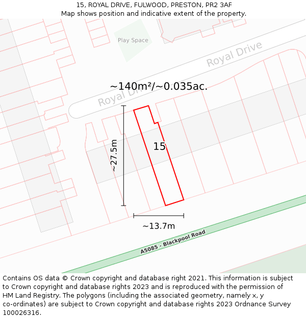 15, ROYAL DRIVE, FULWOOD, PRESTON, PR2 3AF: Plot and title map