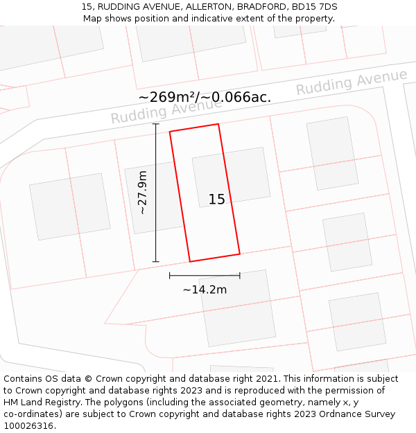 15, RUDDING AVENUE, ALLERTON, BRADFORD, BD15 7DS: Plot and title map