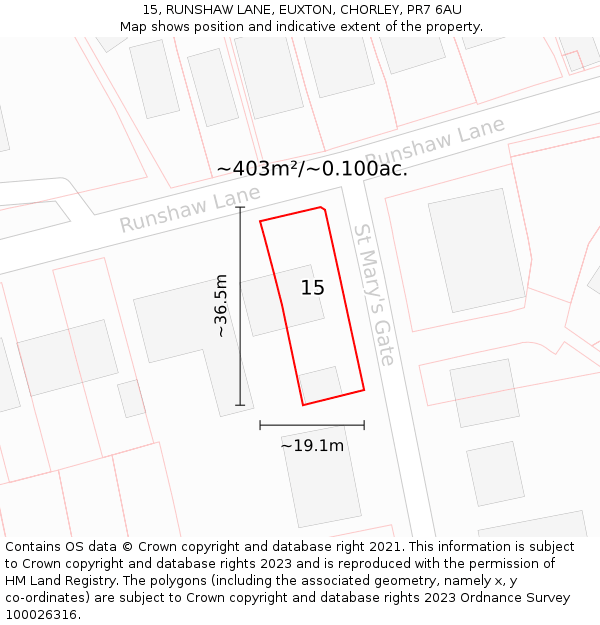 15, RUNSHAW LANE, EUXTON, CHORLEY, PR7 6AU: Plot and title map