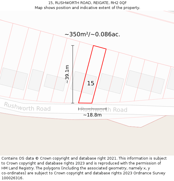 15, RUSHWORTH ROAD, REIGATE, RH2 0QF: Plot and title map