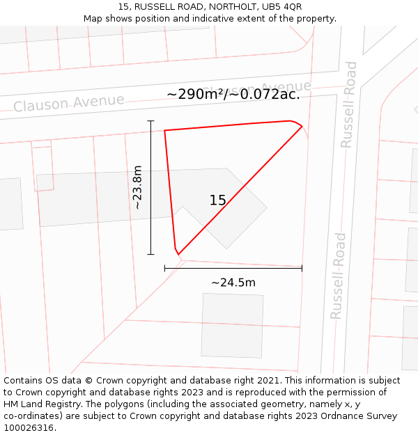 15, RUSSELL ROAD, NORTHOLT, UB5 4QR: Plot and title map