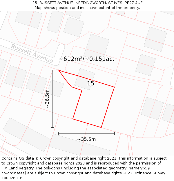 15, RUSSETT AVENUE, NEEDINGWORTH, ST IVES, PE27 4UE: Plot and title map