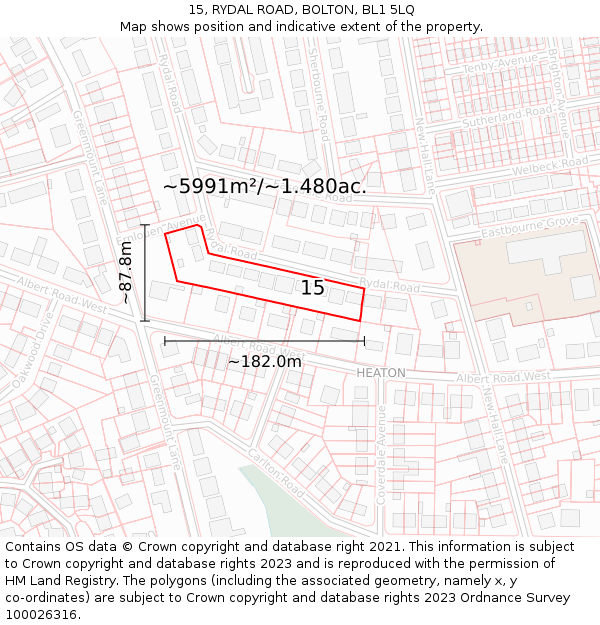 15, RYDAL ROAD, BOLTON, BL1 5LQ: Plot and title map