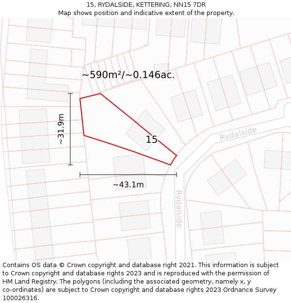 15, RYDALSIDE, KETTERING, NN15 7DR: Plot and title map
