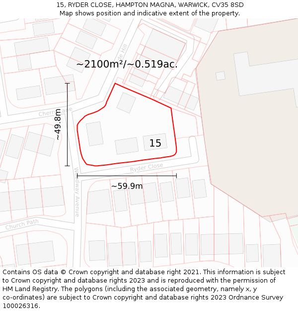 15, RYDER CLOSE, HAMPTON MAGNA, WARWICK, CV35 8SD: Plot and title map