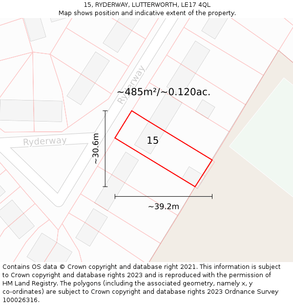 15, RYDERWAY, LUTTERWORTH, LE17 4QL: Plot and title map