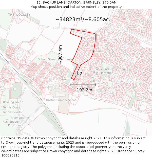 15, SACKUP LANE, DARTON, BARNSLEY, S75 5AN: Plot and title map