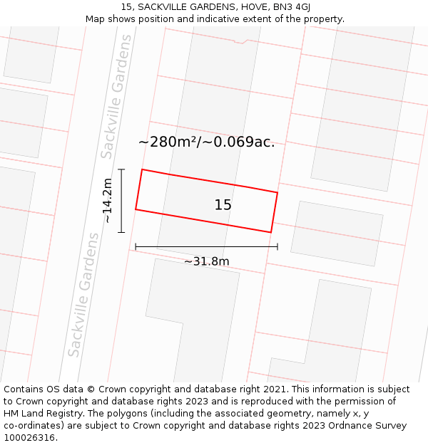 15, SACKVILLE GARDENS, HOVE, BN3 4GJ: Plot and title map