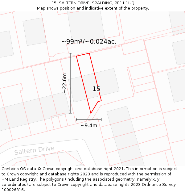 15, SALTERN DRIVE, SPALDING, PE11 1UQ: Plot and title map
