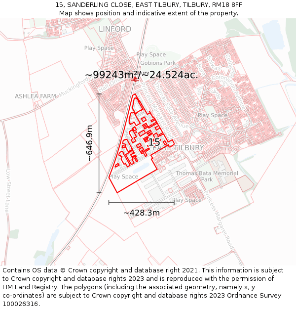 15, SANDERLING CLOSE, EAST TILBURY, TILBURY, RM18 8FF: Plot and title map