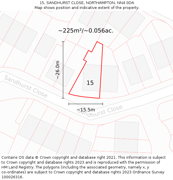 15, SANDHURST CLOSE, NORTHAMPTON, NN4 0DA: Plot and title map