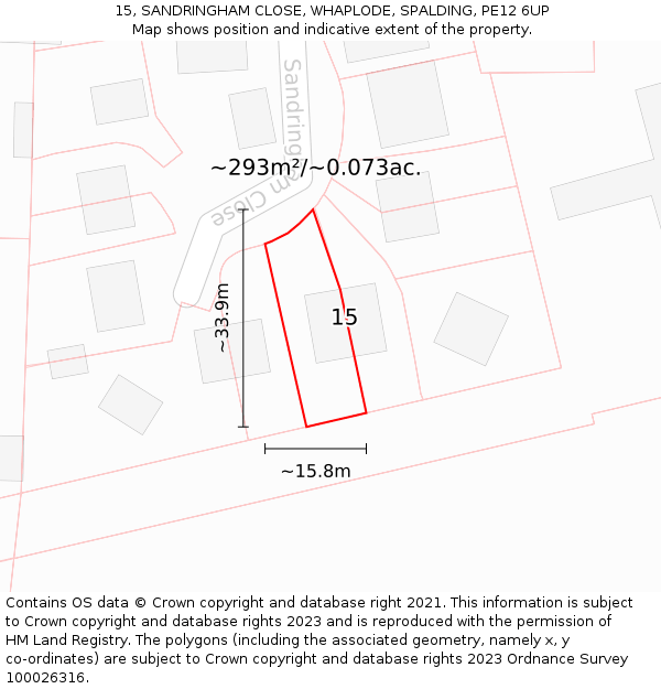 15, SANDRINGHAM CLOSE, WHAPLODE, SPALDING, PE12 6UP: Plot and title map