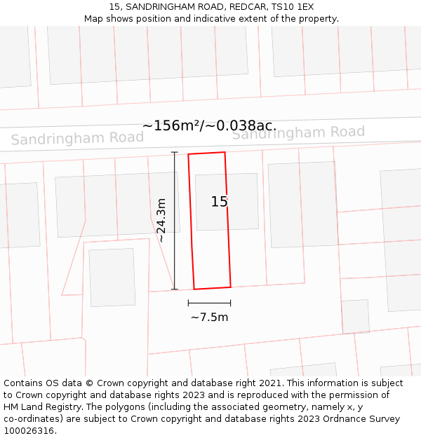 15, SANDRINGHAM ROAD, REDCAR, TS10 1EX: Plot and title map