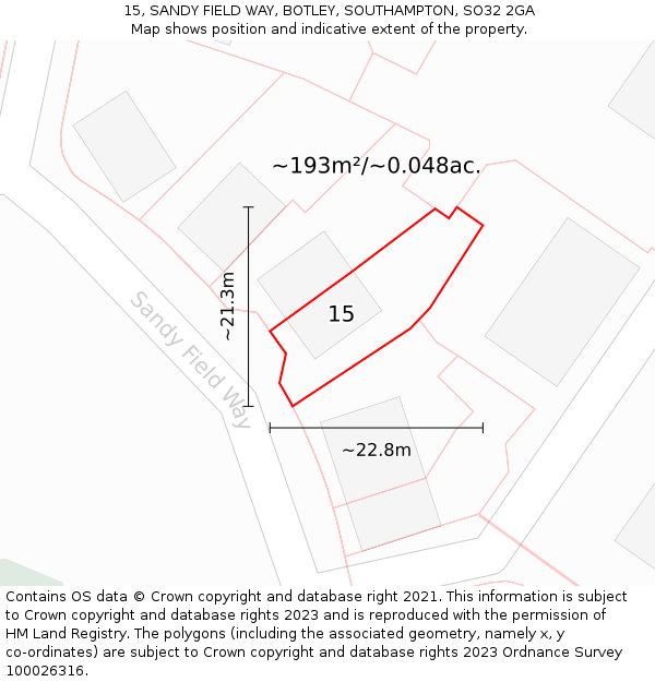 15, SANDY FIELD WAY, BOTLEY, SOUTHAMPTON, SO32 2GA: Plot and title map