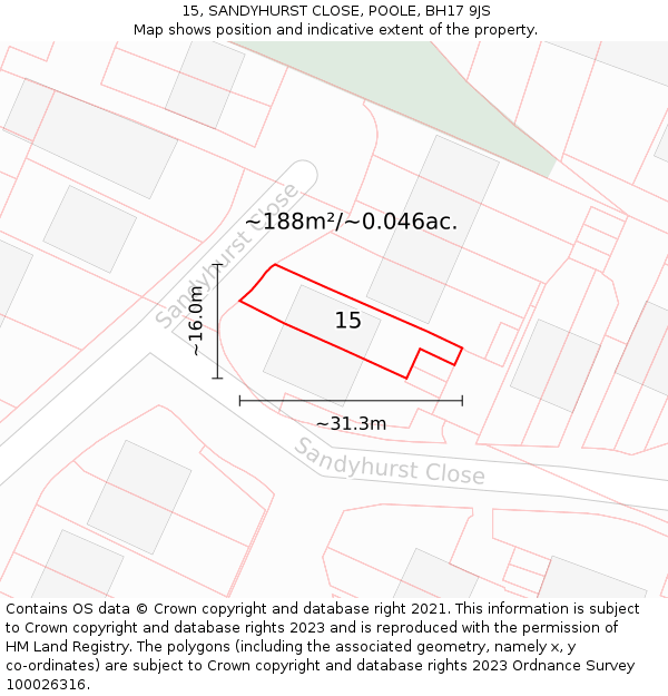 15, SANDYHURST CLOSE, POOLE, BH17 9JS: Plot and title map