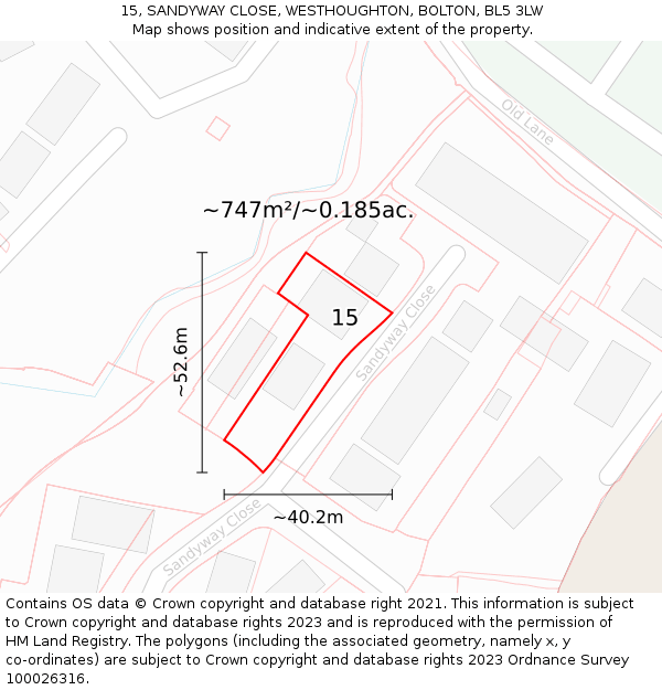15, SANDYWAY CLOSE, WESTHOUGHTON, BOLTON, BL5 3LW: Plot and title map