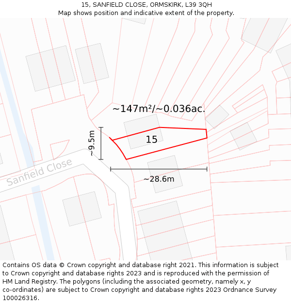 15, SANFIELD CLOSE, ORMSKIRK, L39 3QH: Plot and title map