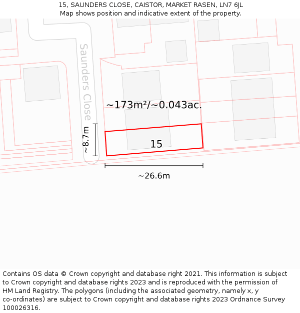 15, SAUNDERS CLOSE, CAISTOR, MARKET RASEN, LN7 6JL: Plot and title map