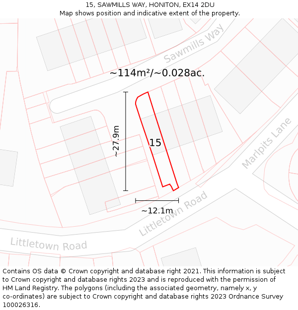 15, SAWMILLS WAY, HONITON, EX14 2DU: Plot and title map