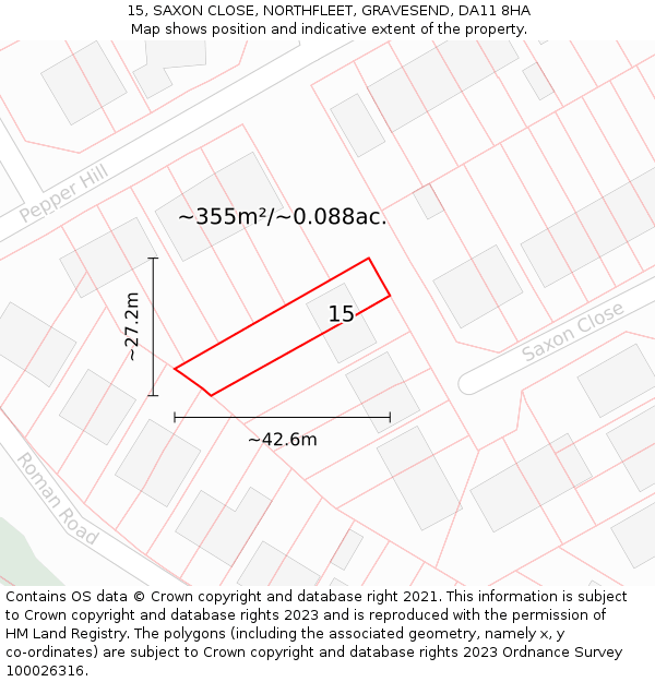 15, SAXON CLOSE, NORTHFLEET, GRAVESEND, DA11 8HA: Plot and title map