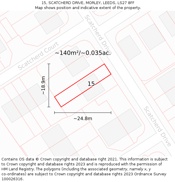 15, SCATCHERD DRIVE, MORLEY, LEEDS, LS27 8FF: Plot and title map